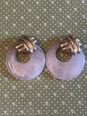 Vintage 80’s  Lavender Quartz Stone Hoop Clip Earrings with Gold Accents